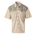 Short-sleeved fishing shirt in light beige with patterned upper, featuring two chest pockets and a vented back design.