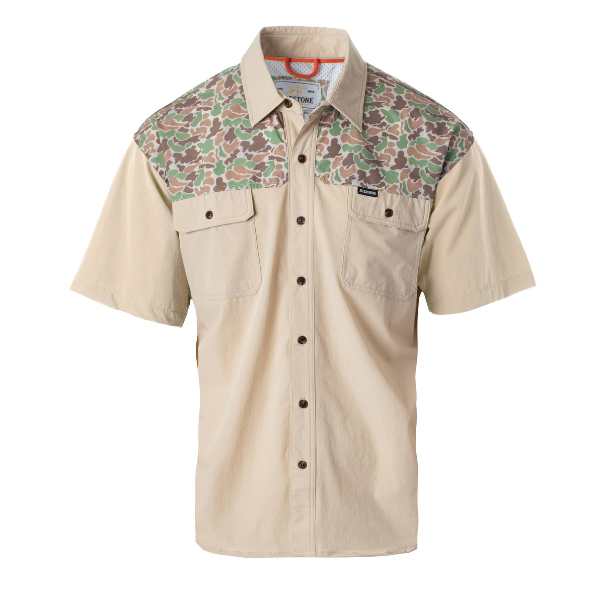 Short-sleeved fishing shirt in light beige with patterned upper, featuring two chest pockets and a vented back design.