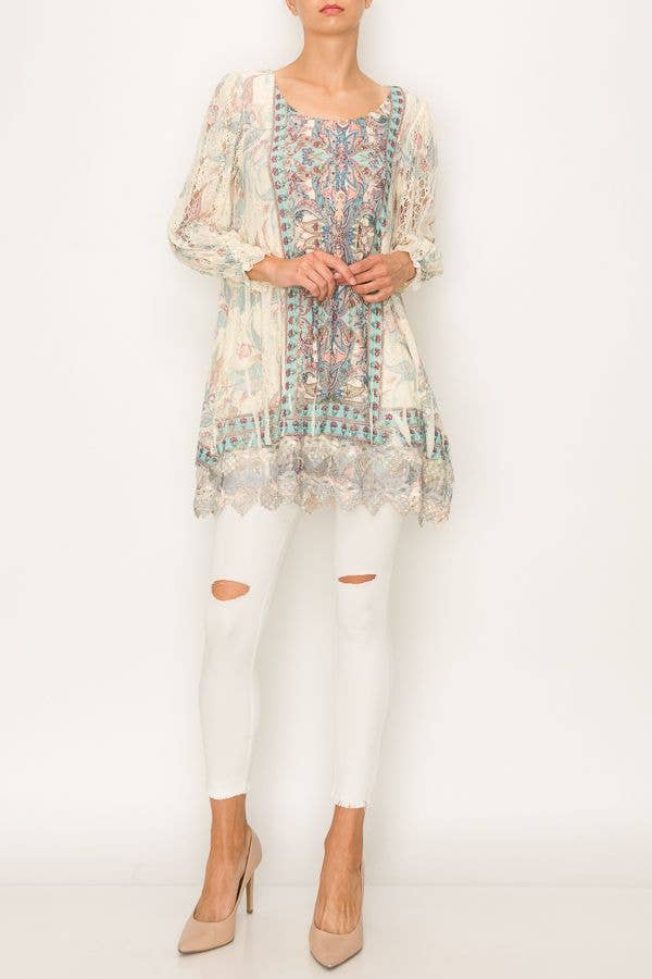 Origami Apparel ~  Lace and Crochet inspired - Graceful Long Sleeve Lace Tunic Top With Embroidery Hem - 4507BG/TURQ