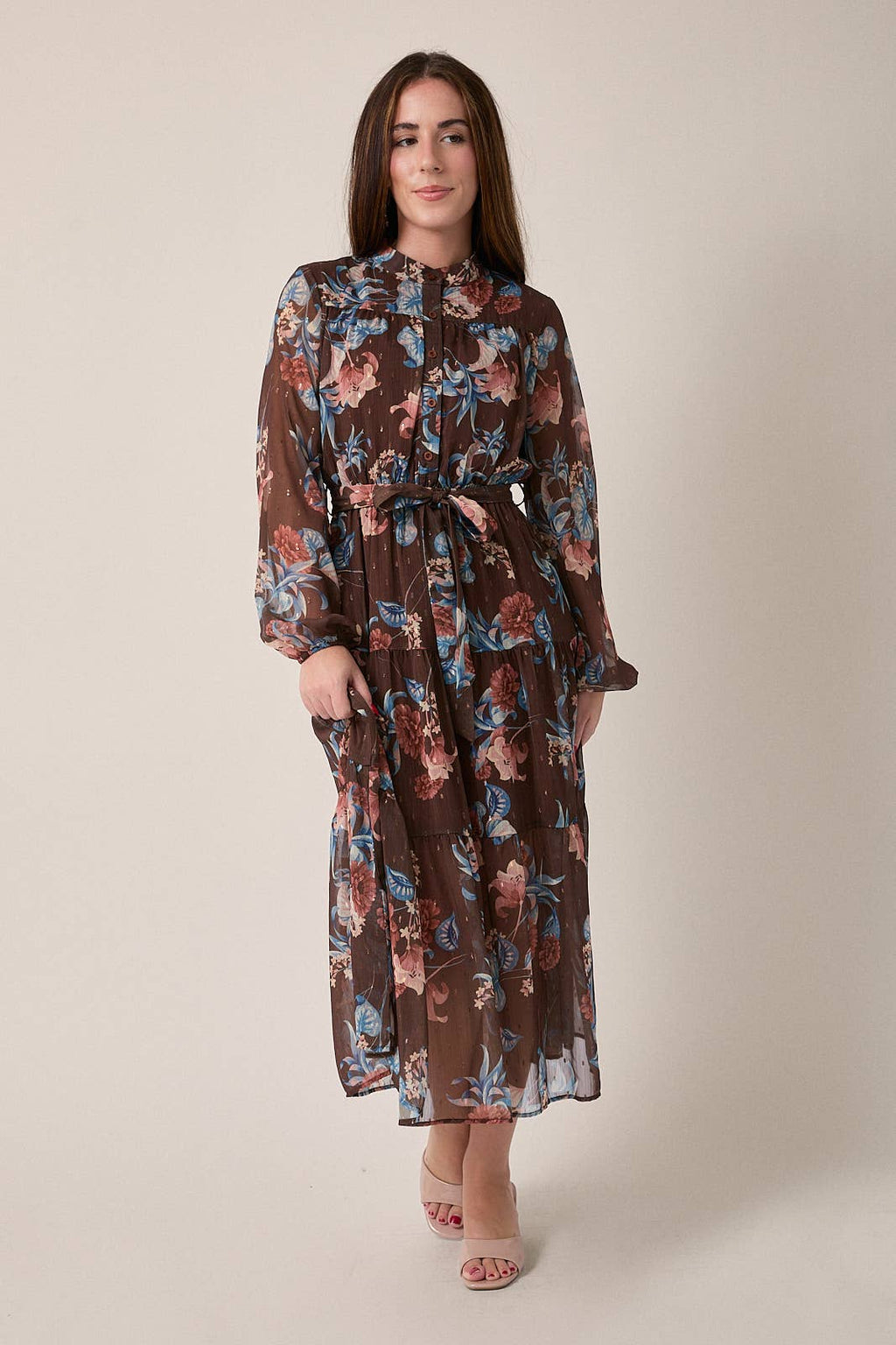 GILLI - ROUND NECK LONG SLEEVE BUTTON UP WAIST TIE FLORAL MIDI DRESS