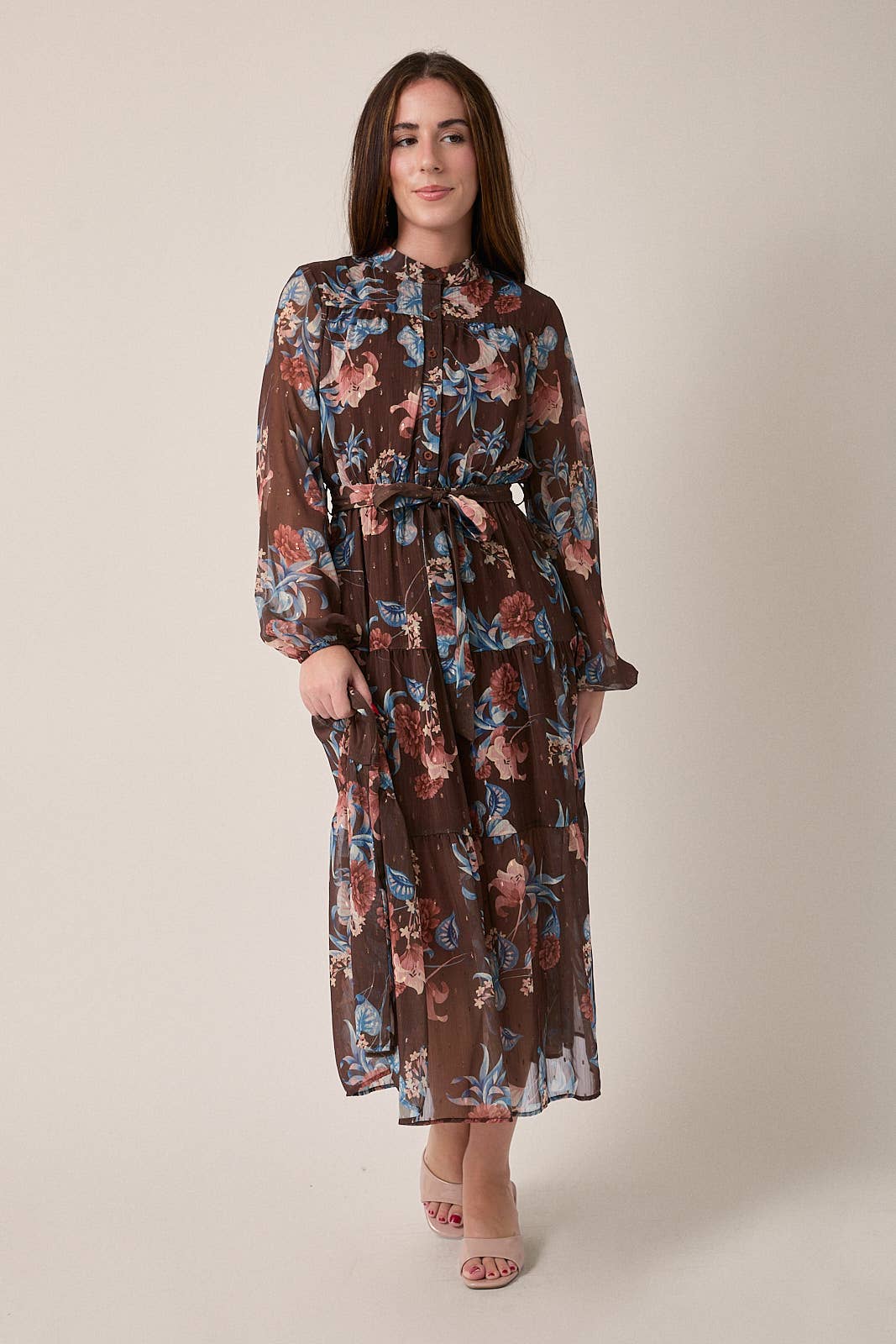GILLI - ROUND NECK LONG SLEEVE BUTTON UP WAIST TIE FLORAL MIDI DRESS