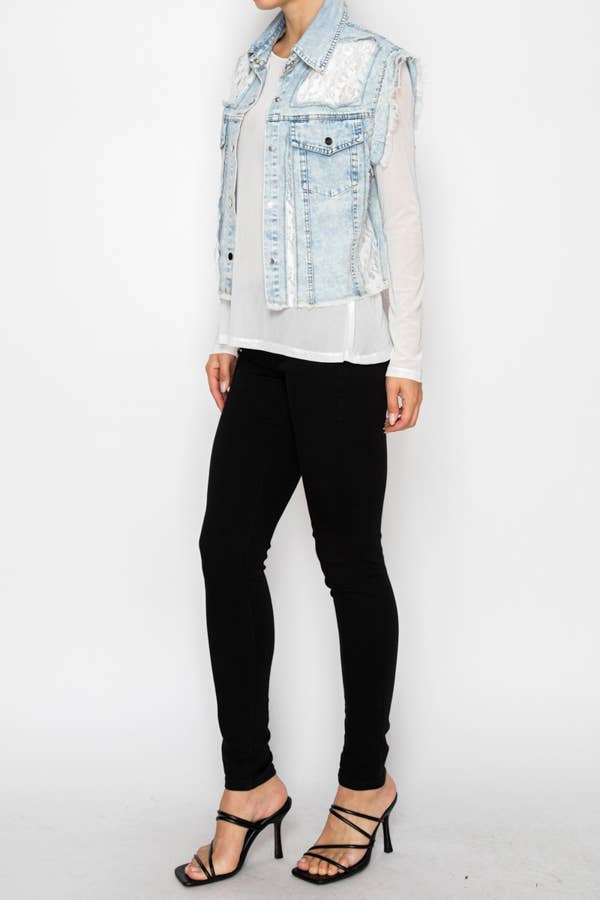 Edgy Cropped Denim & Lace Vest