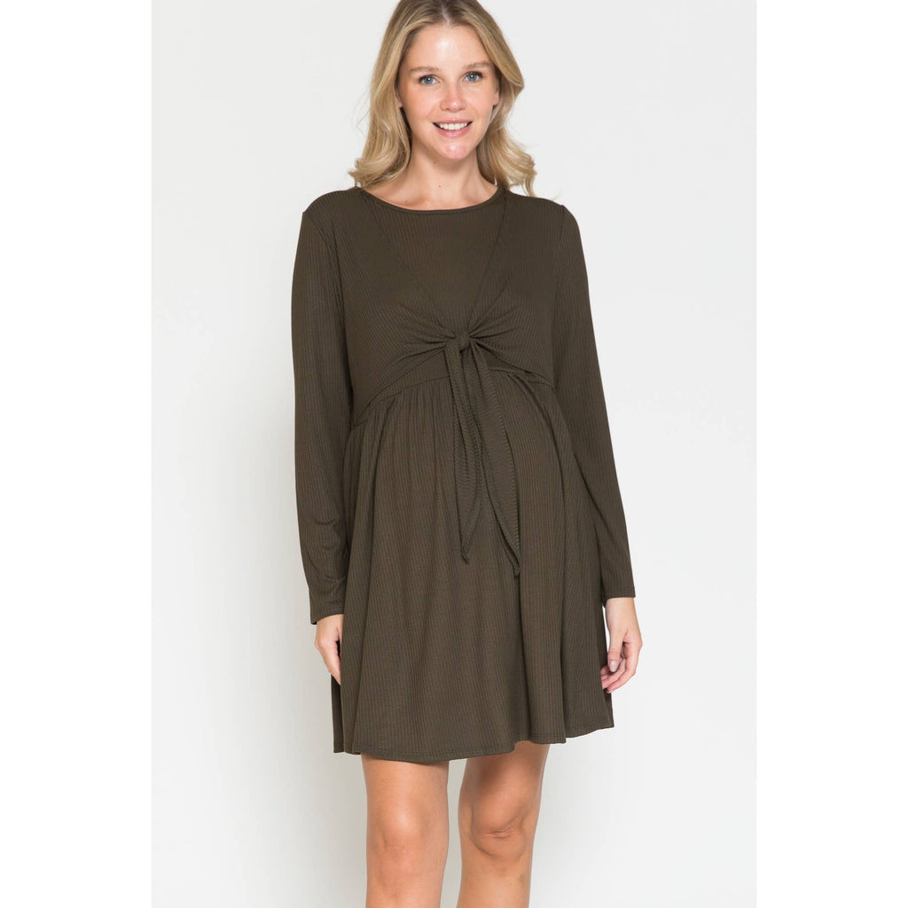 Story Teller - Maternity Wrap Waist Ruched Ruffle Spring Midi Dress
