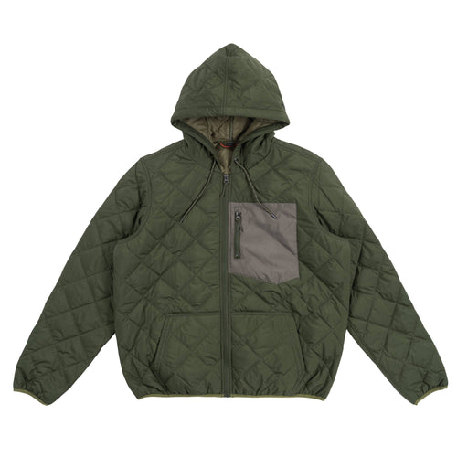 Hooded olive green jacket featuring a full-zip front and diamond quilted pattern with a chest pocket.