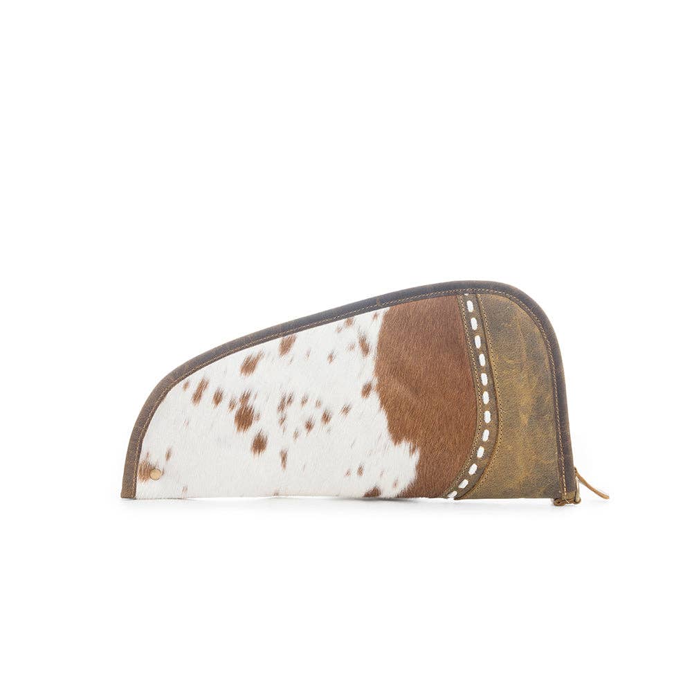 Distinct brown-and-white hairon gun case with chocolate brown trim and wrap-around zipper, designed for small to medium handguns.