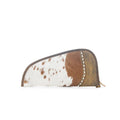 Distinct brown-and-white hairon gun case with chocolate brown trim and wrap-around zipper, designed for small to medium handguns.