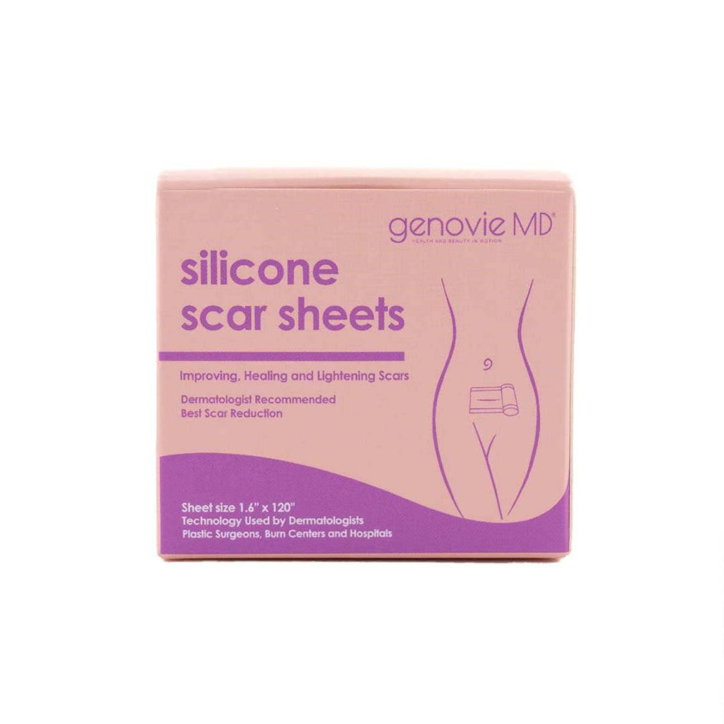 Pink box featuring silicone scar sheets, dimensions 1.6 in x 120 in, highlighting benefits for improving and lightening scars.