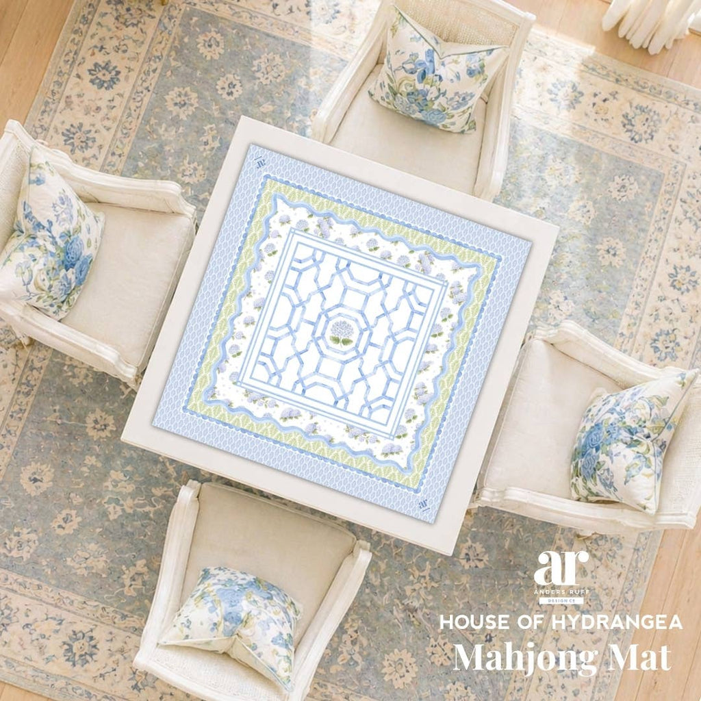 A House of Hydrangea Mahjong Mat featuring soft blue florals and an elegant scalloped edge, perfect for coastal-themed game nights.