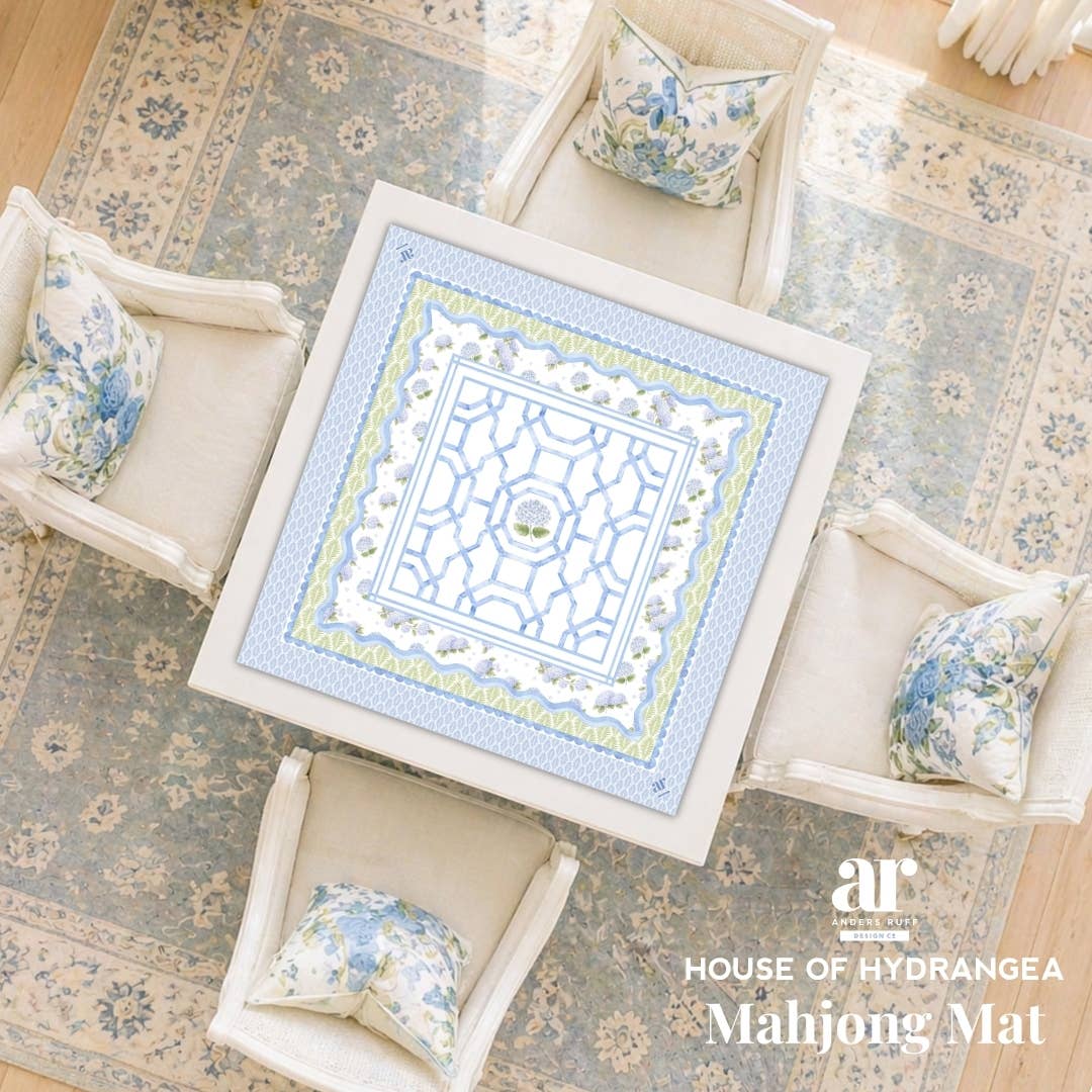 A House of Hydrangea Mahjong Mat featuring soft blue florals and an elegant scalloped edge, perfect for coastal-themed game nights.