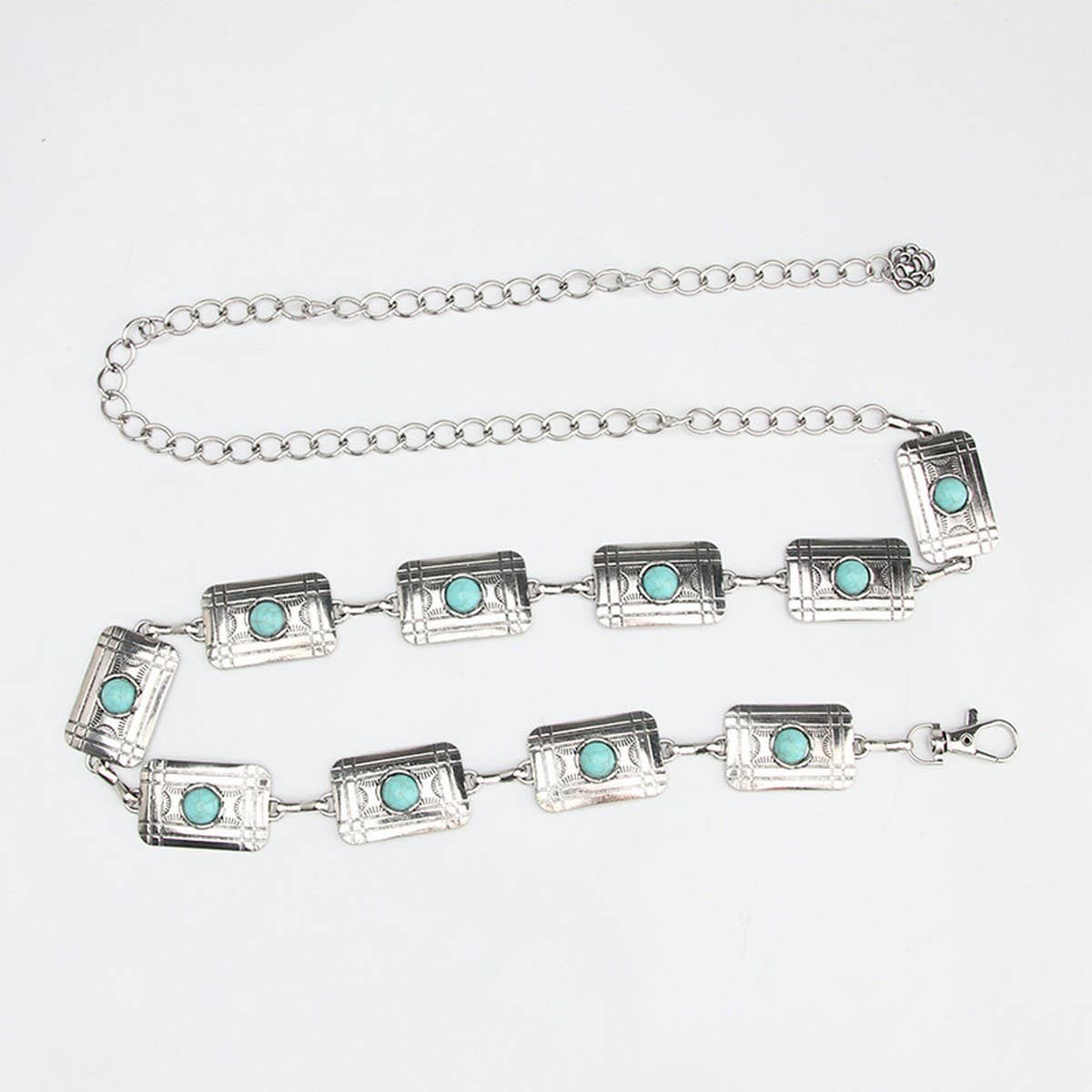 Vintage pattern turquoise decor waist chain belt featuring rectangular links and adjustable clasp for a stylish look.