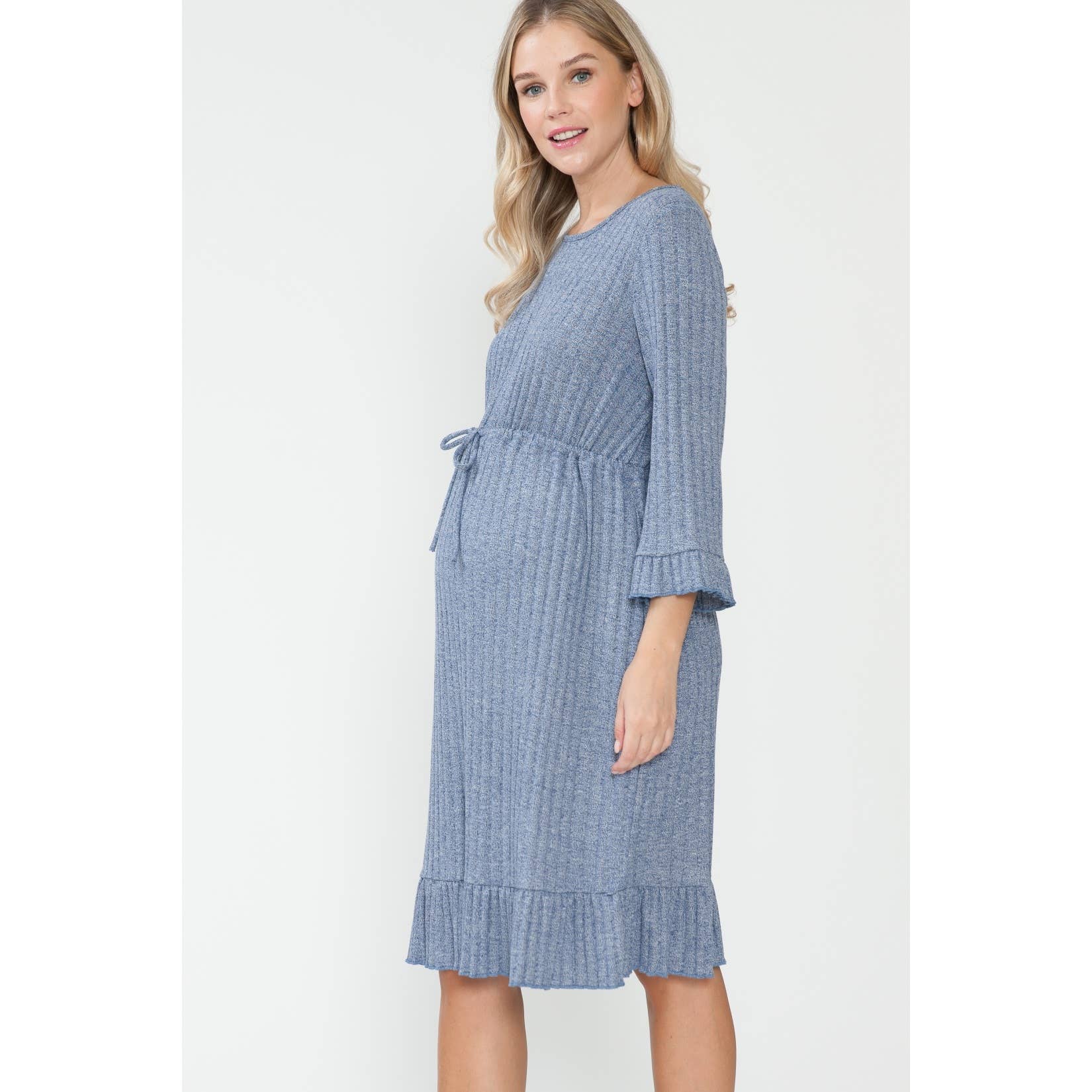 Story Teller - Maternity Waist Tie Ruched Ruffle Rib Midi Knee Length Dress
