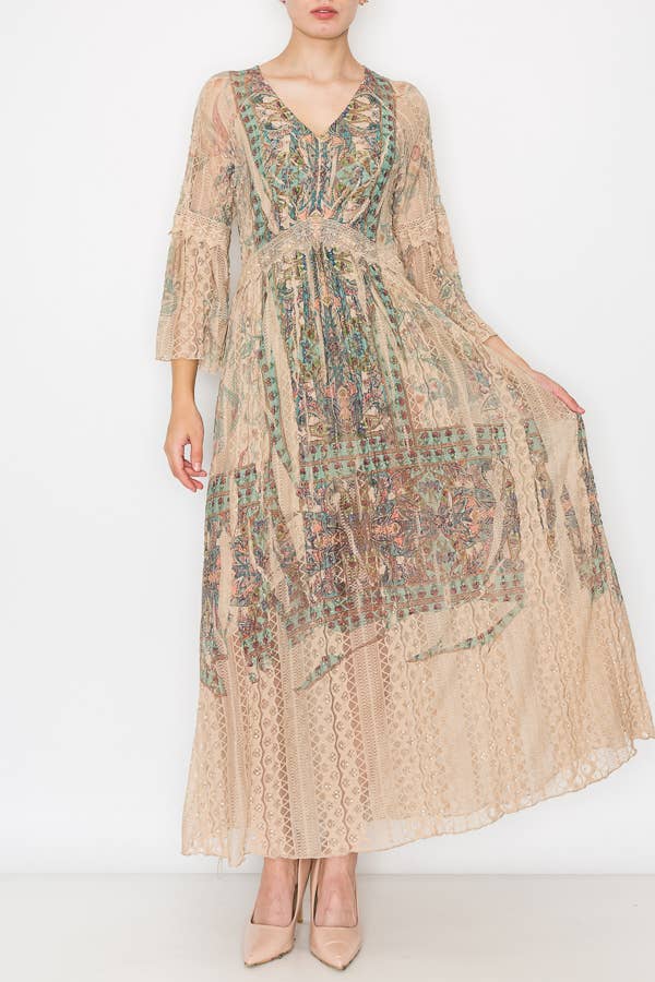 Origami Apparel ~  Lace and Crochet inspired - Romantic Lace Bell-Sleeved A-Line Midi Dress-4658 TP/TURQ