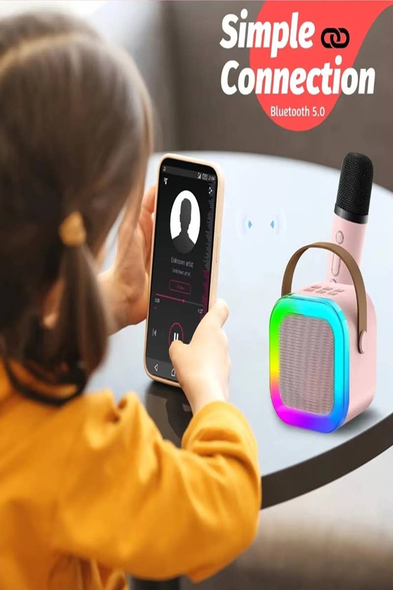 A karaoke Bluetooth speaker set with colorful LED lights and a microphone, showcasing its easy-carry design.