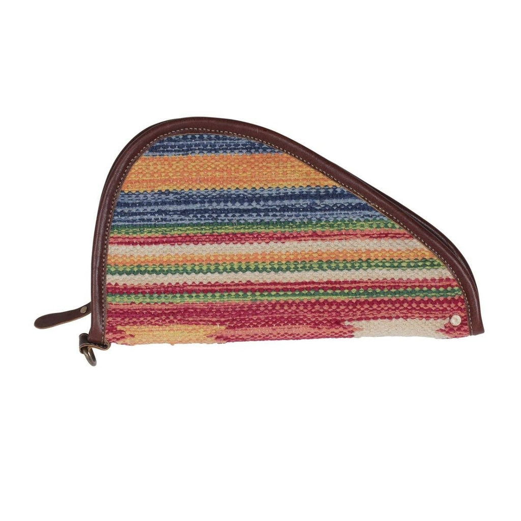 Multicolored 11-inch gun cover with stripes and leather trim, featuring a zipper closure on one side.