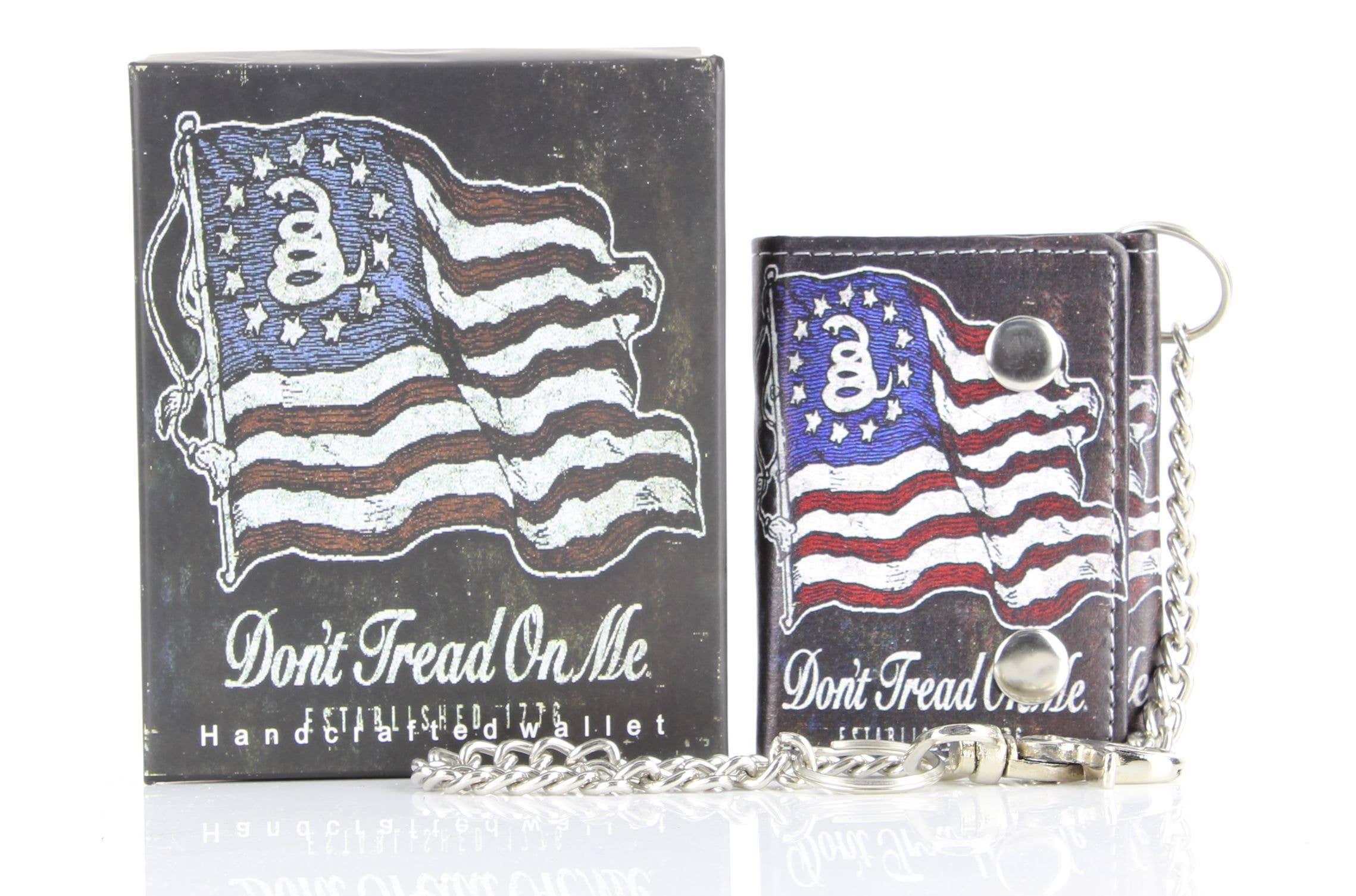 Leather Impressions Inc - Portefeuille chaîne en cuir vegan Don't Tread On Me avec coffret cadeau