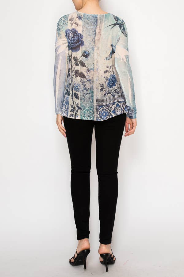 Origami Apparel ~  Lace and Crochet inspired - Sparkly Long Sleeve Sheer Mesh Top -OLS-4847BG BLUE BIRD