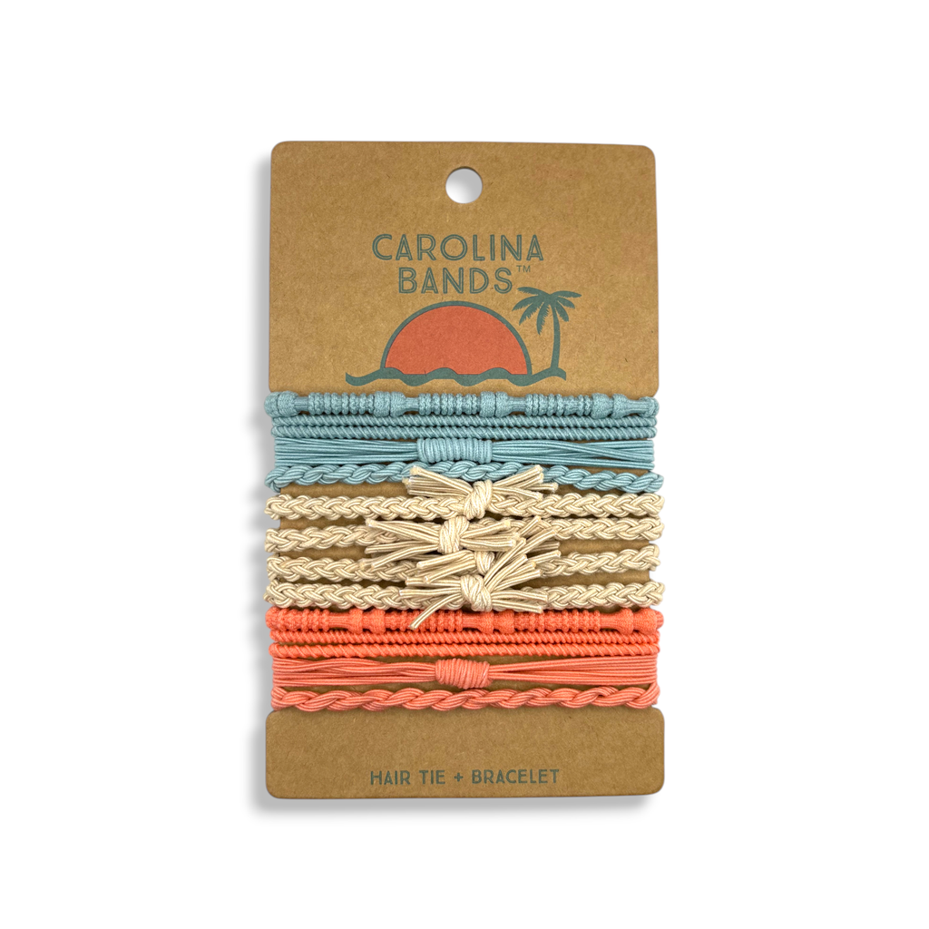 A set of braided hair tie bracelets in coastal colors like blue, beige, and coral, featuring a palm tree graphic.