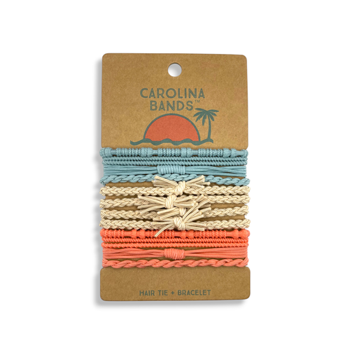 A set of braided hair tie bracelets in coastal colors like blue, beige, and coral, featuring a palm tree graphic.