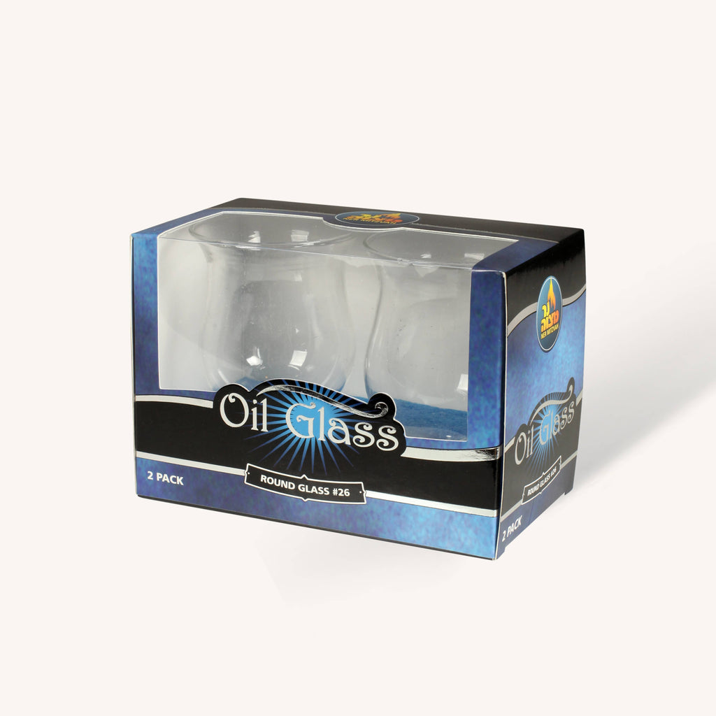 Two large round glass oil cups packaged together, designed for Shabbos candles, featuring a clean and elegant look.