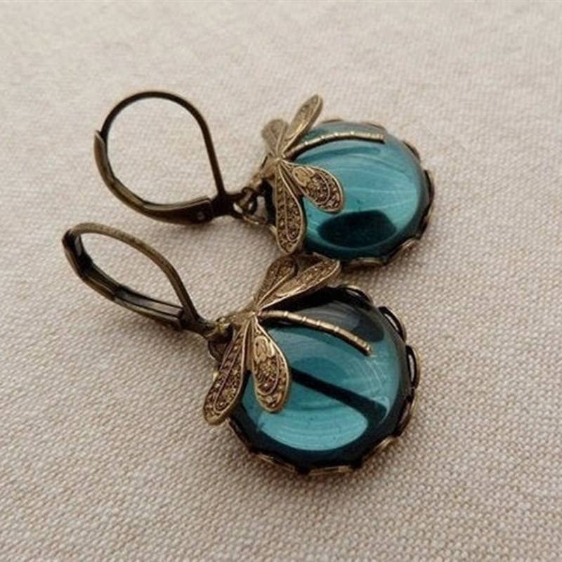 Vintage Dragonfly Green Crystal Drop Earrings