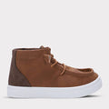 Brown Cole Young Boys Slip-On Shoe featuring elastic laces and a white outsole for easy wear and style.