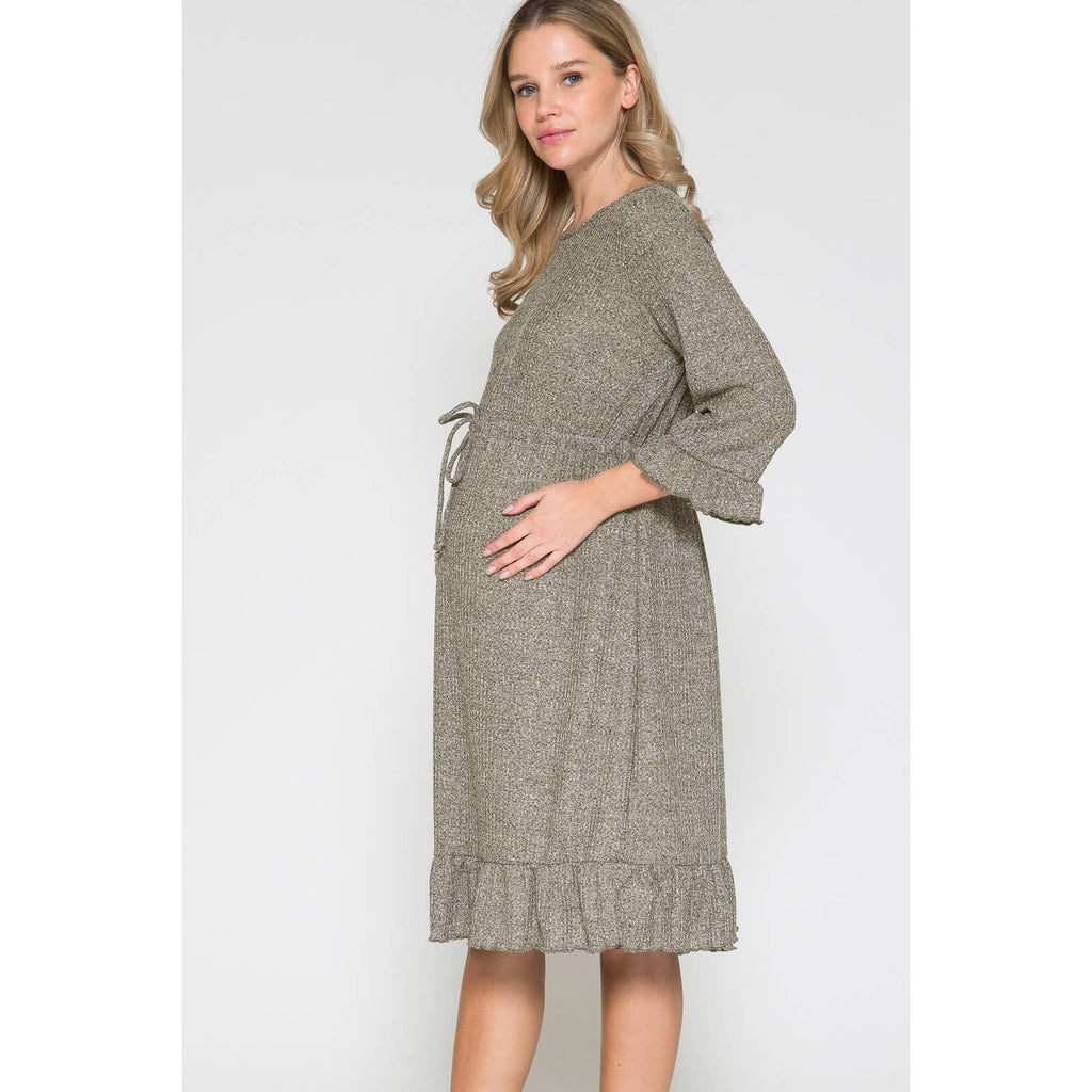 Story Teller - Women's Maternity Waist Tie Ruffle Sleeve Hem Midi Dress
