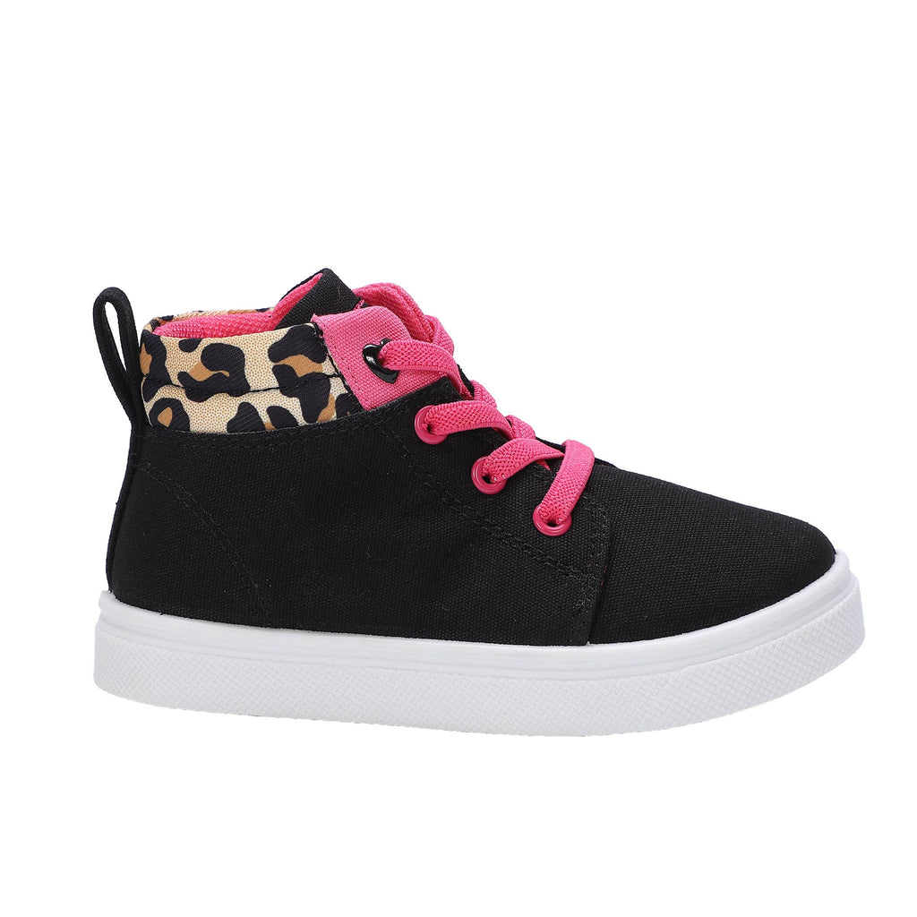 High-top black sneaker with pink elastic laces and stylish leopard print accent on the collar. Perfect for casual wear.