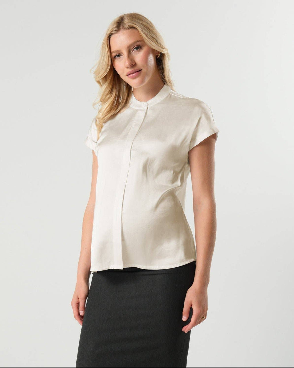 MARION - Short Sleeve Satin Maternity Shell Top with Concealed Nursing Zip
