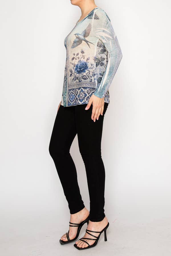 Origami Apparel ~  Lace and Crochet inspired - Sparkly Long Sleeve Sheer Mesh Top -OLS-4847BG BLUE BIRD