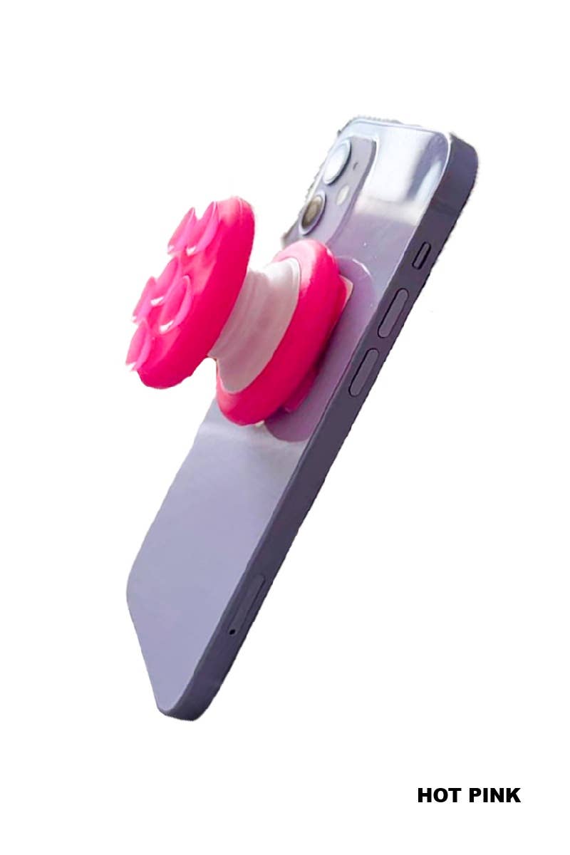 Hot Pink Tik Tok Pop Socket Suction Cup Phone Grip attached to a smartphone, featuring a textured circular design.