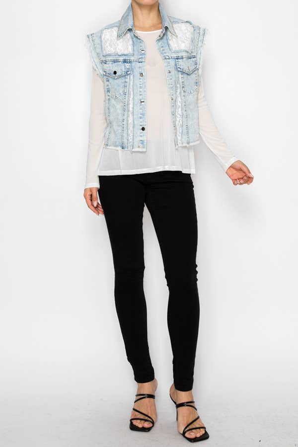Edgy Cropped Denim & Lace Vest