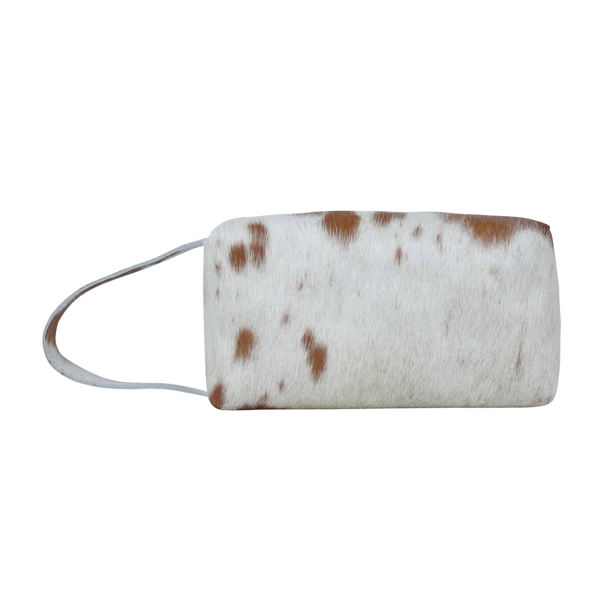 Rectangular Wistful Skies Shaving Kit featuring a hair-on hide exterior with brown spots, leather handle, and fringe zipper pull.