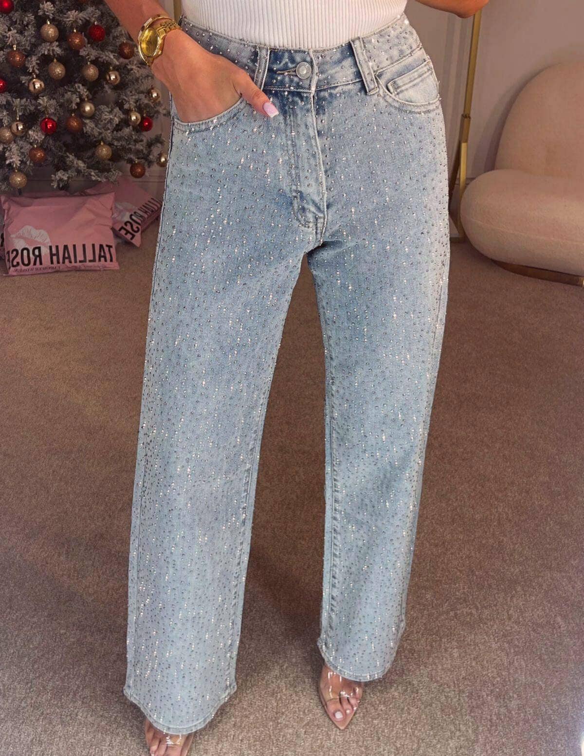 Rosa Clothing - Chic Shiny Rhinestone Straight Jeans