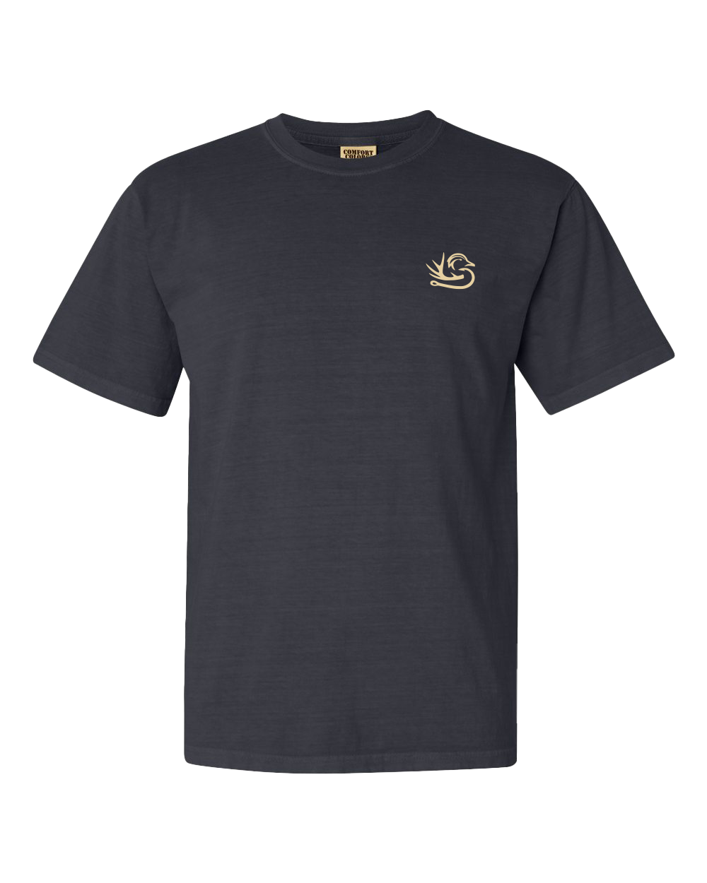 Short-sleeve dark tee featuring a small design on the left chest, made from 100% ring spun cotton.