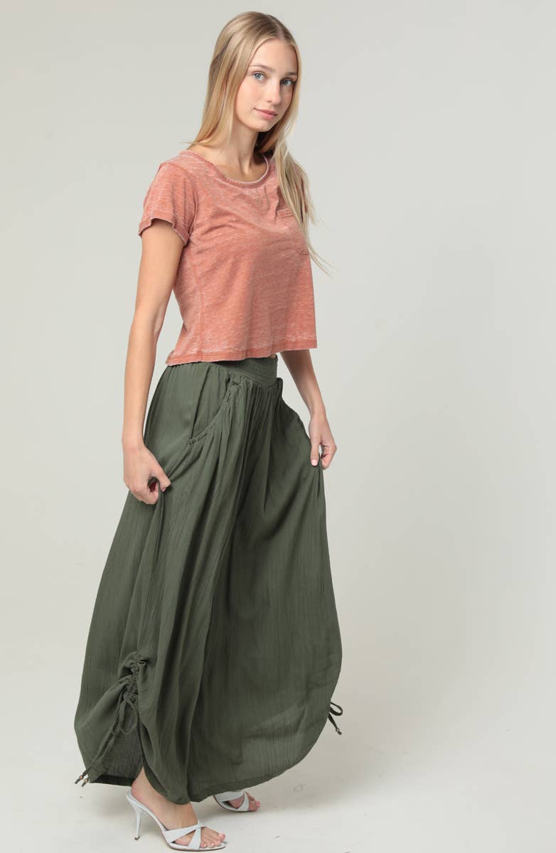 ANGIE - B3710-ASIS SIDE CINCH WIDE LEG PANTS WITH SMOCKED WAIST AND
