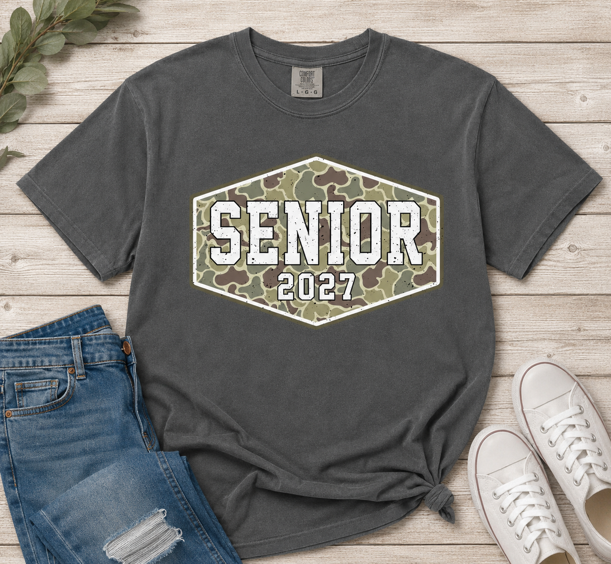 Camo t-shirt in Pepper color featuring 'SENIOR 2027' text, perfect for celebrating the Class of 2027.