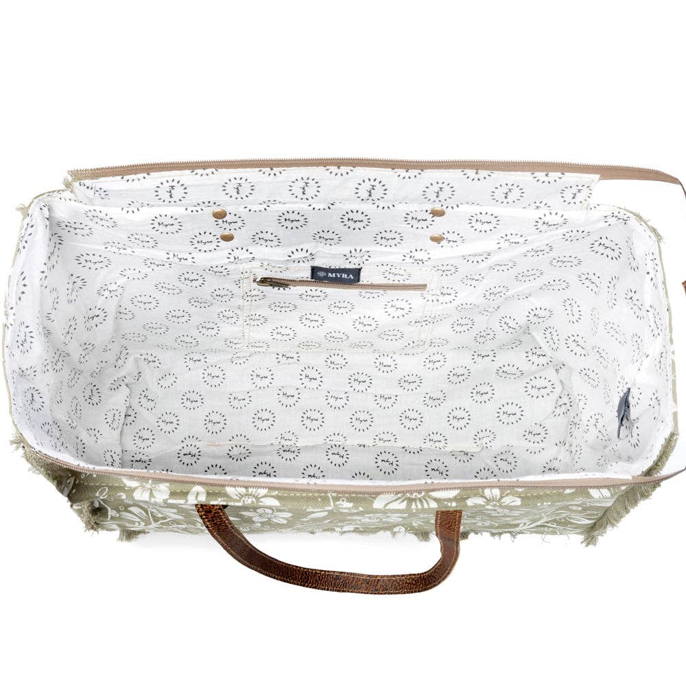 Large Chalky Weekender Bag with zipper closure, leather top handles, and spacious interior compartments for all your weekend essentials.