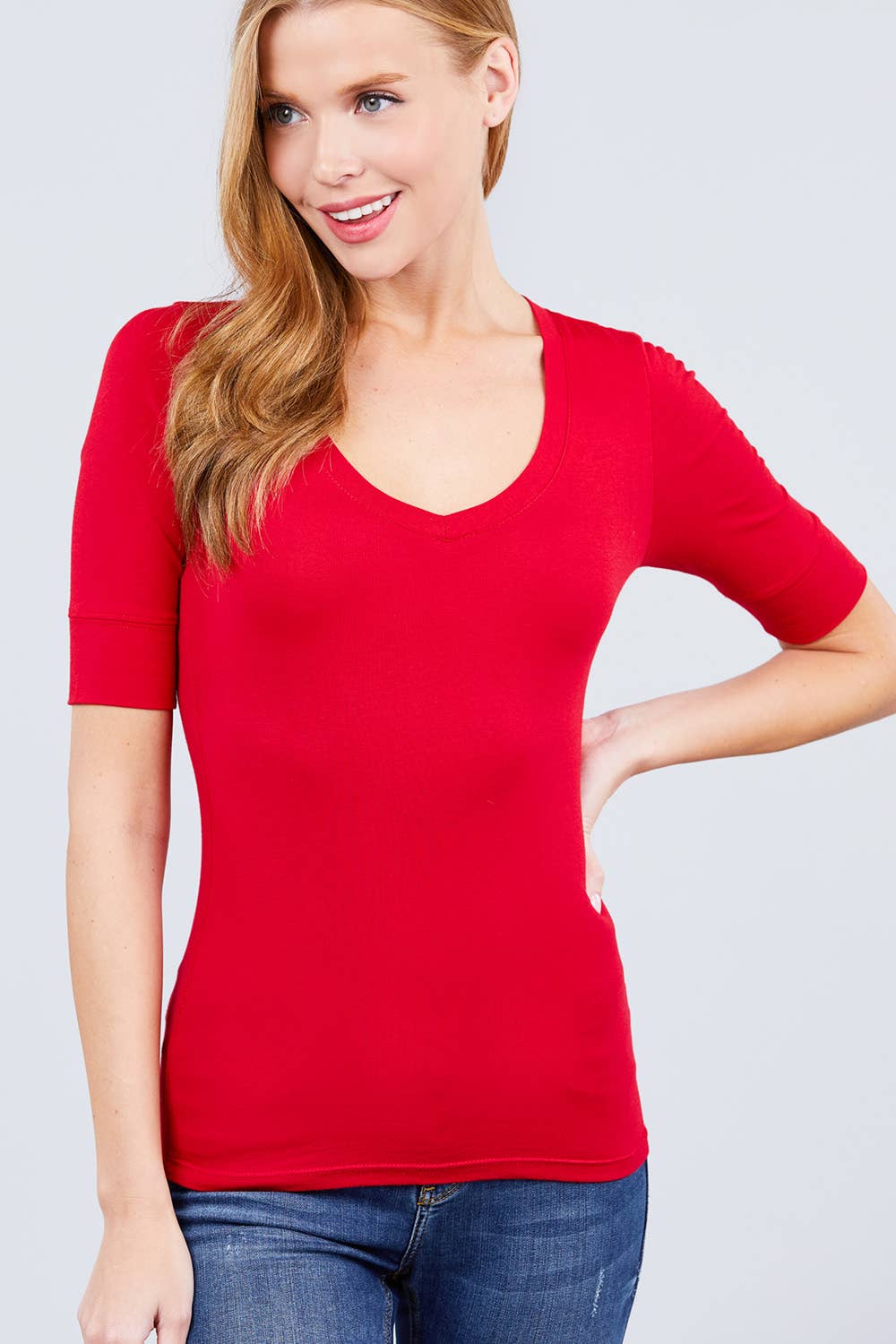 42POPS - RED-bold red FITTED ELBOW SLEEVE V NECK TEE
