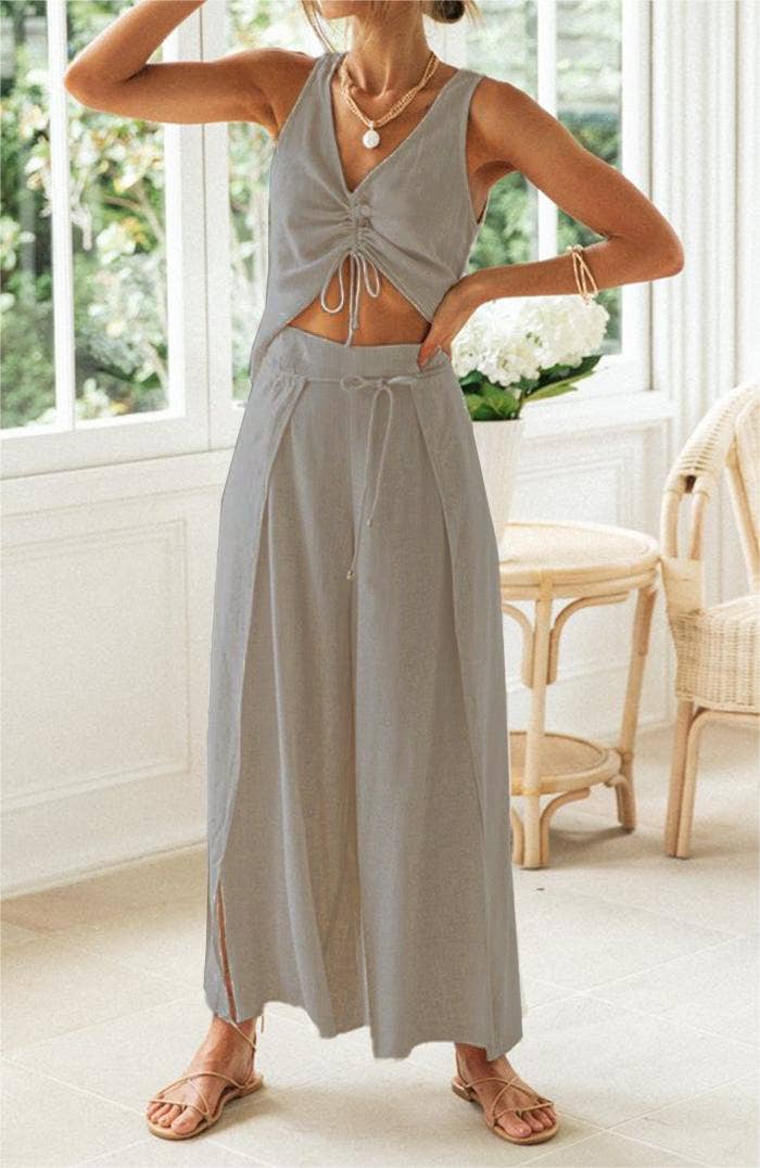 HIDDENBRAND - Drawstring short-sleeved top wide-leg pant suit