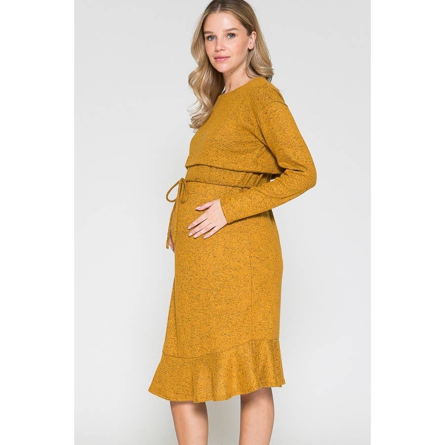 Story Teller - Maternity Waist Tie Wrap Ruffle Hem Knee Length Rib Dress