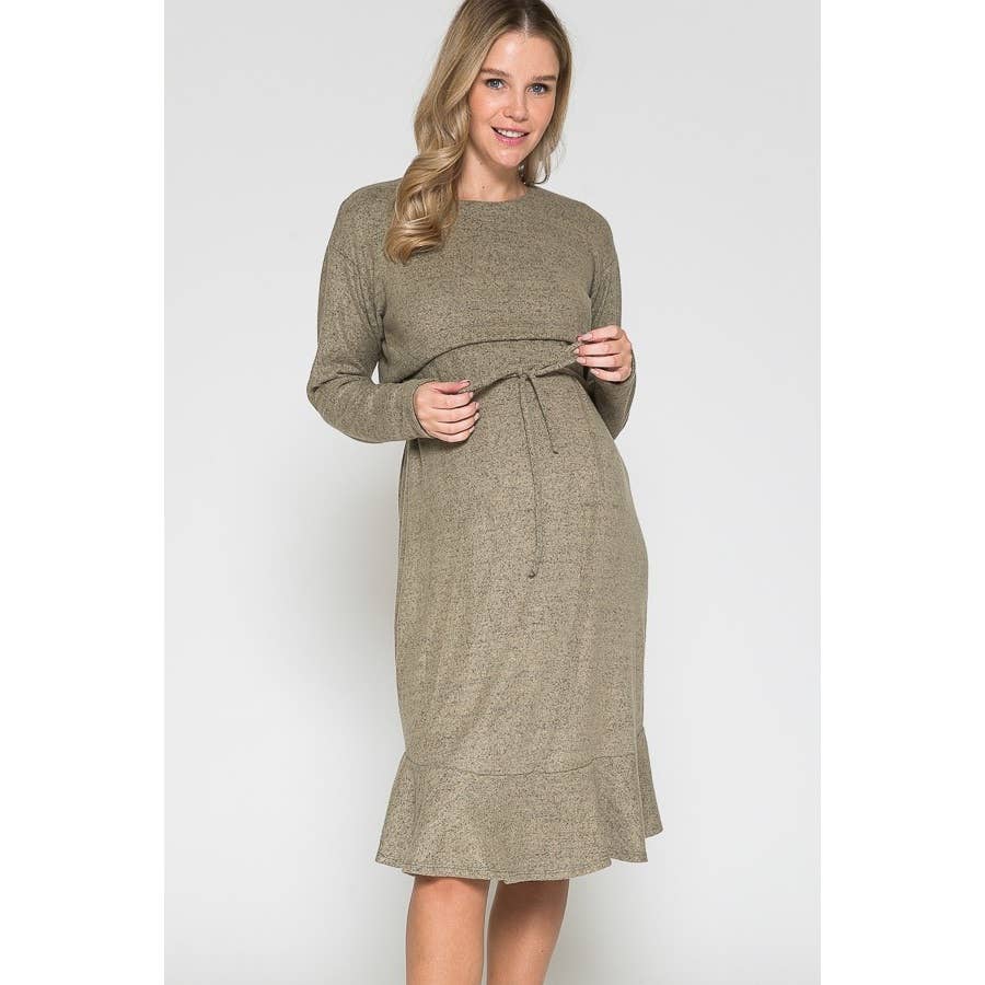 Story Teller - Maternity Waist Tie Wrap Ruffle Hem Knee Length Rib Dress