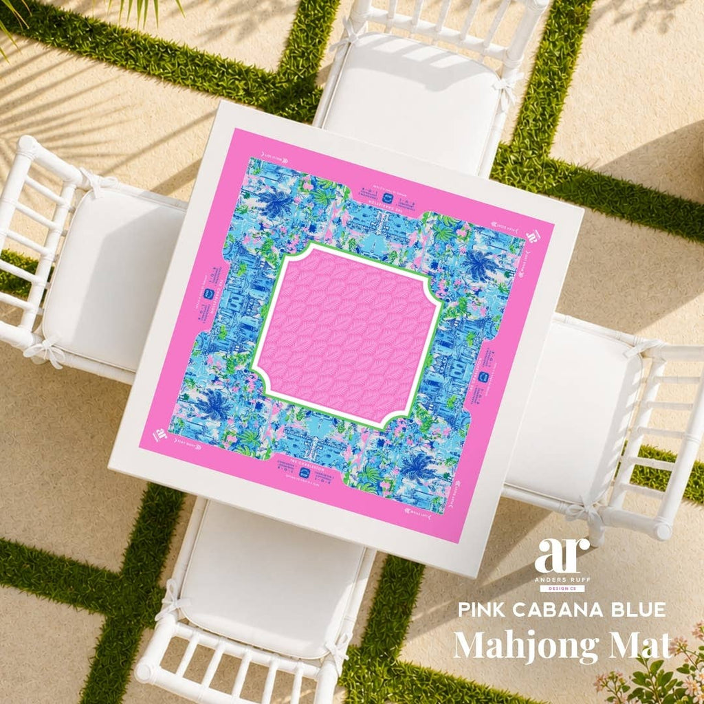 Vibrant Pink Cabana Blue Mahjong mat featuring tropical patterns and geometric design, perfect for stylish game nights.