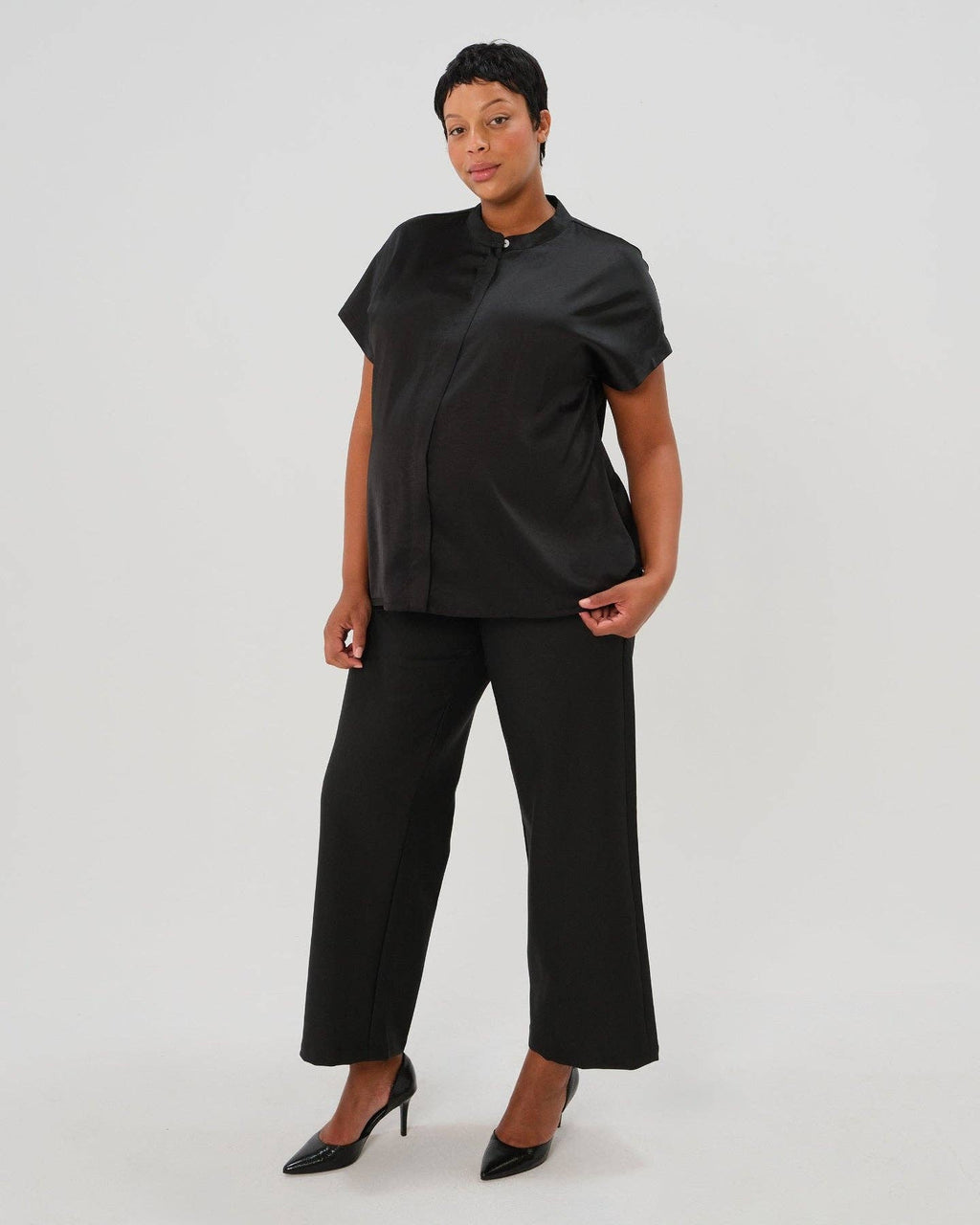 MARION - Short Sleeve Satin Maternity Shell Top with Concealed Nursing Zip