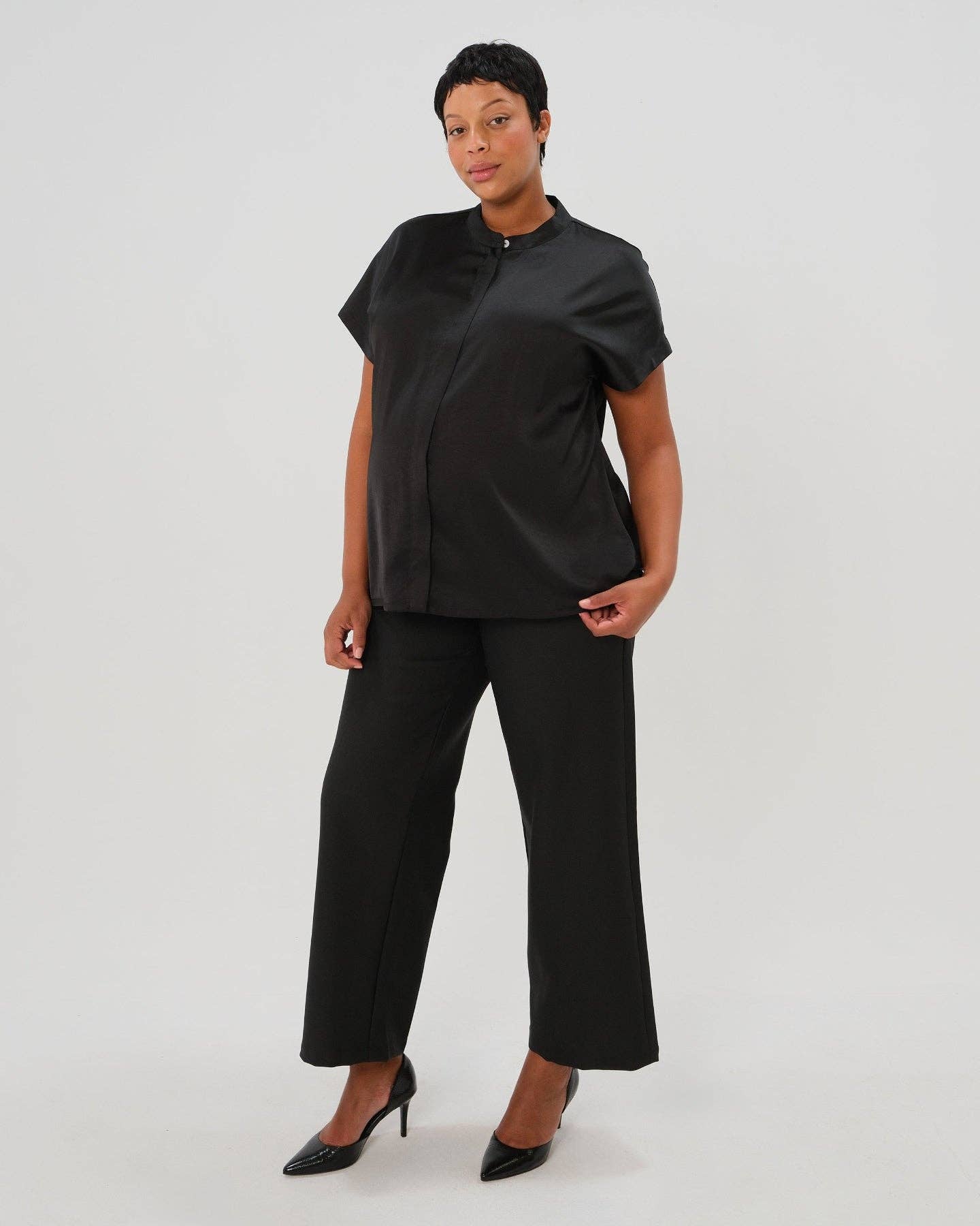 MARION - Short Sleeve Satin Maternity Shell Top with Concealed Nursing Zip