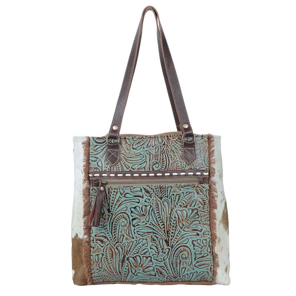Amethyst Canvas & Hairon Pouch featuring a decorative pattern, zip closure, and handle for easy carrying of small essentials.