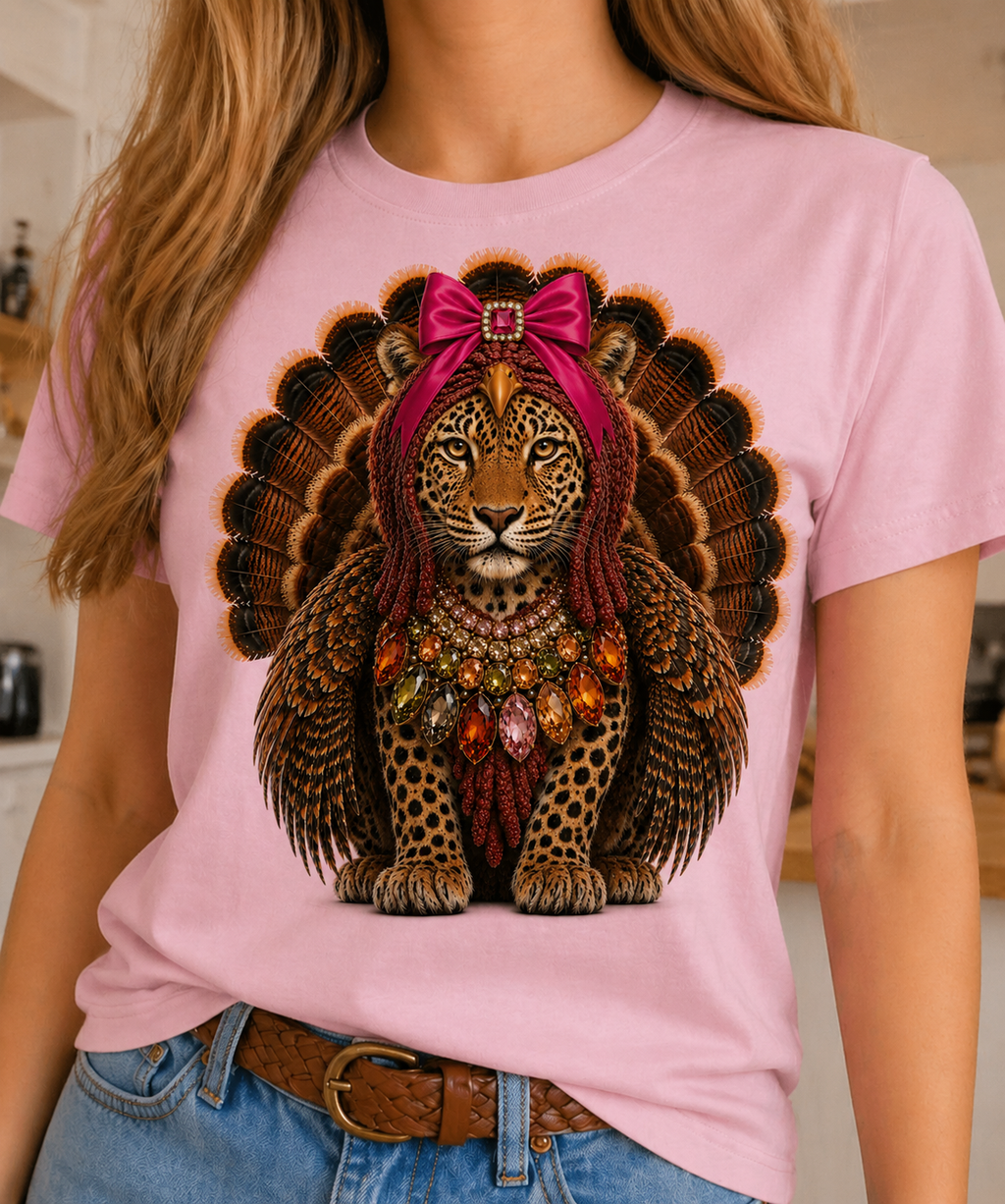 A light pink crew t-shirt featuring a jeweled collar turkey leopard design with vibrant colors and embellishments.