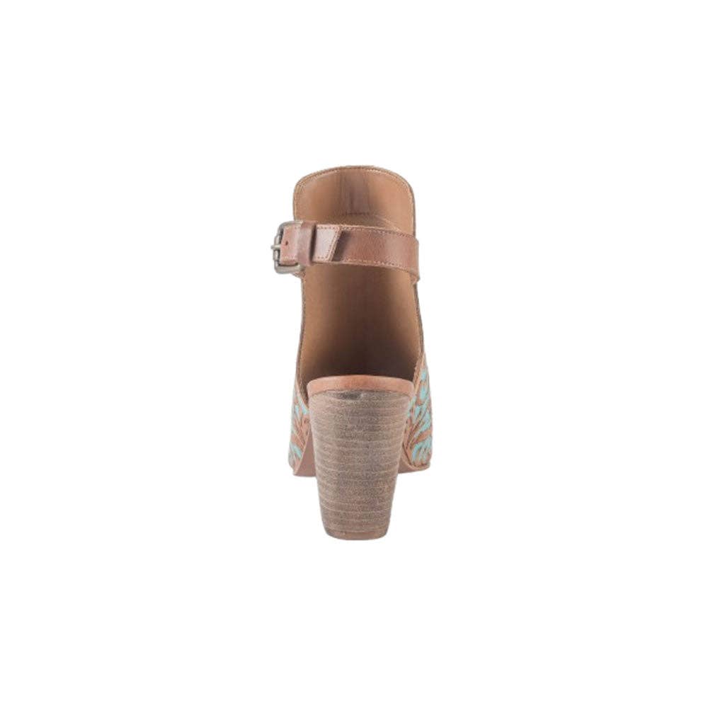 Floral-embossed tan and turquoise heel shoe with a chunky heel and ankle strap, featuring an open toe design.