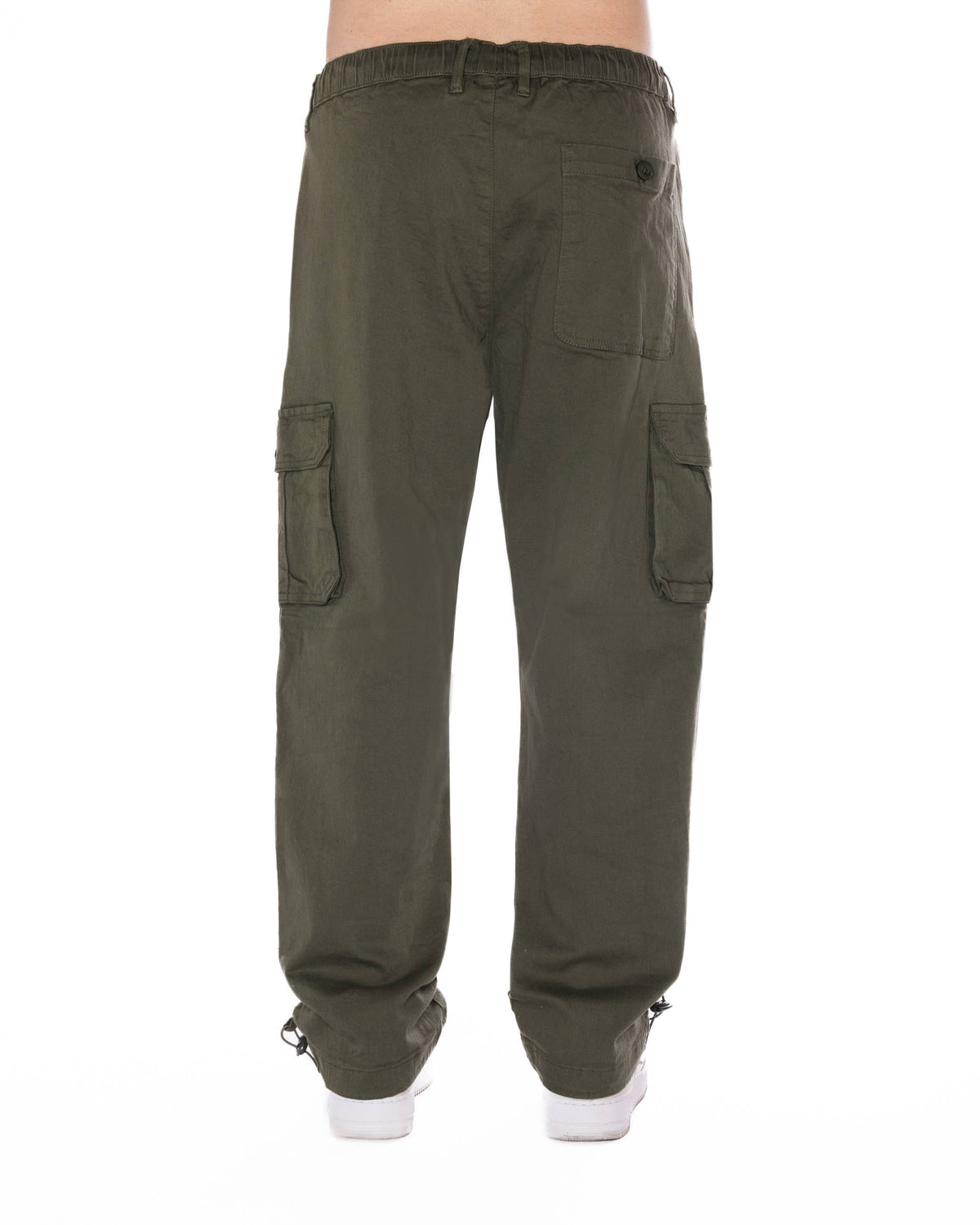Relaxed-fit cargo pants in a green shade, featuring an elastic waistband, drawstring, and tapered legs with multiple pockets.