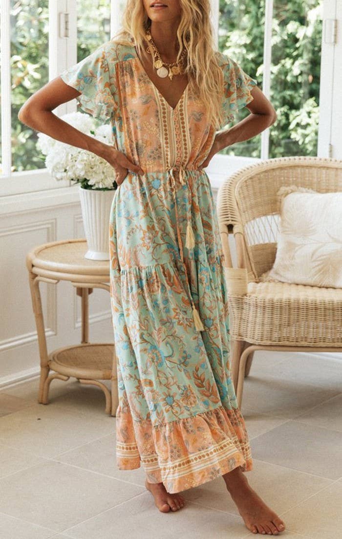 Rosa Clothing - Bohemia Border Print Flutter Sleeve Maxi Dress
