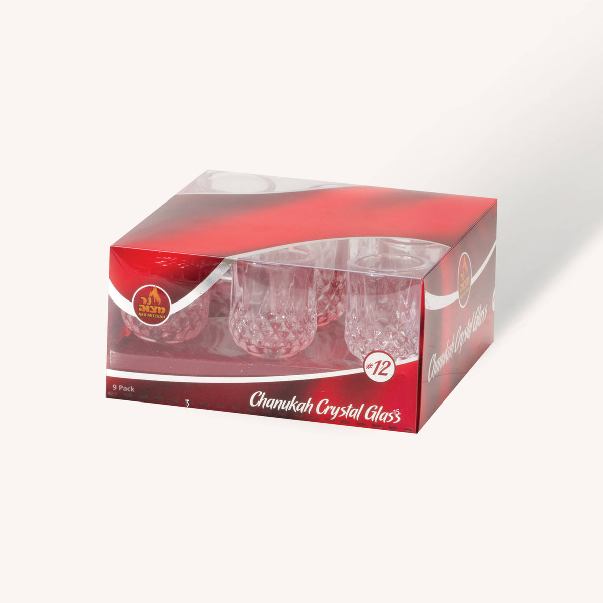 Nine crystal oil glass cups for Chanukah, displayed in clear packaging with a red design, labeled as size #12.
